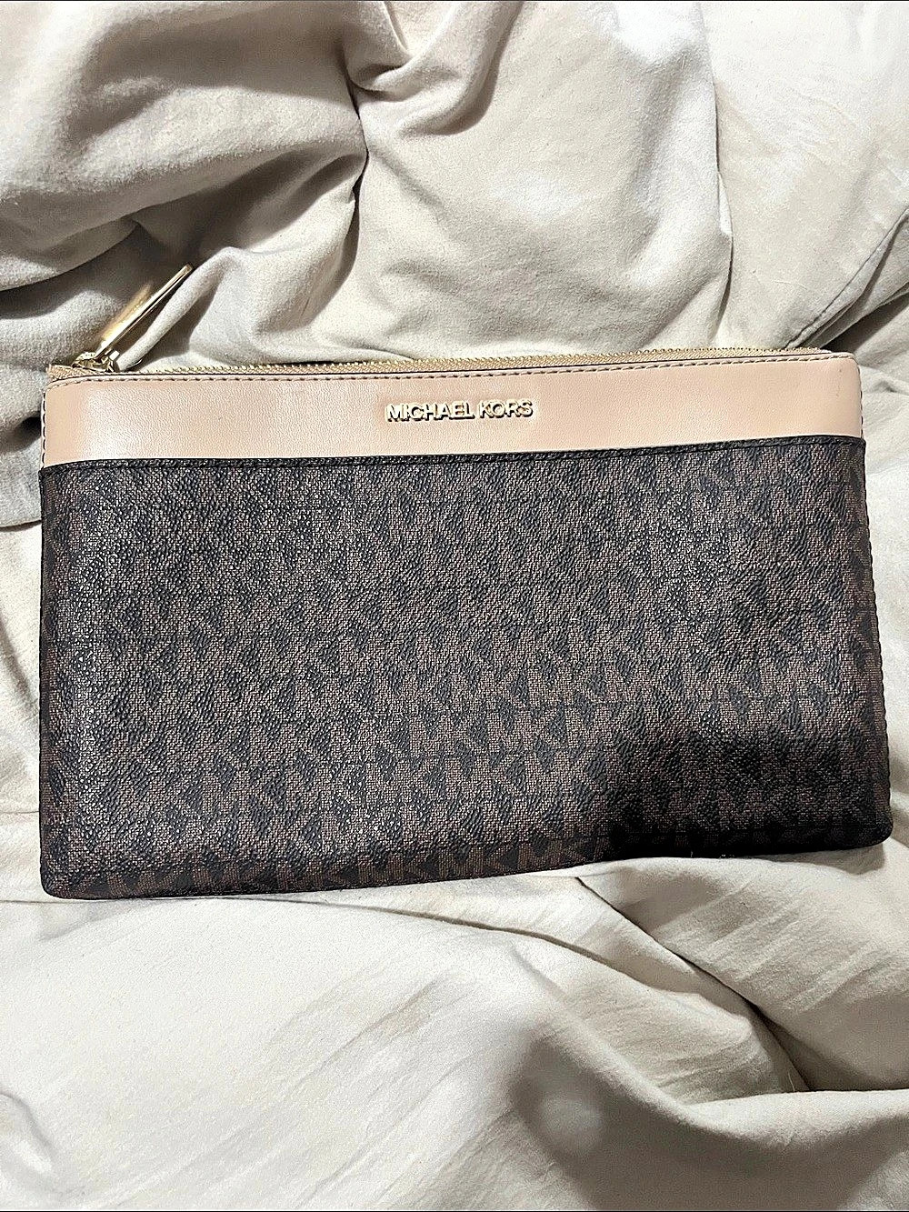 10 inch Michael Kors Jet Set Large Signature Logo Convertible Crossbody Bag Brow